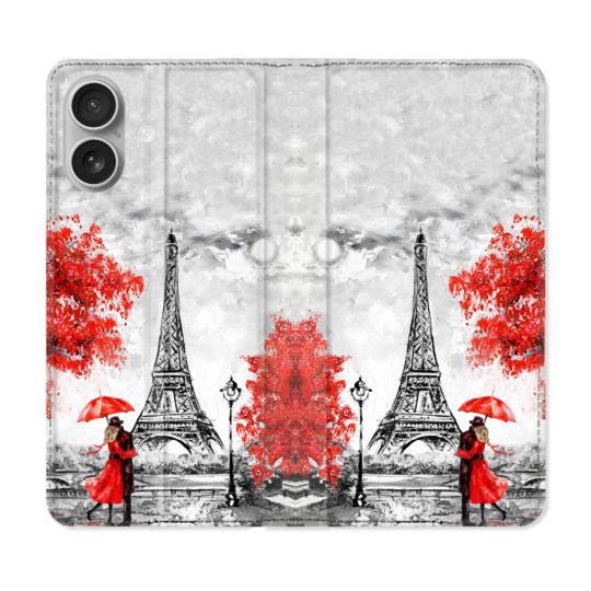 Housse Cuir Portefeuille Pour Iphone 16 Voyage France Paris Rouge