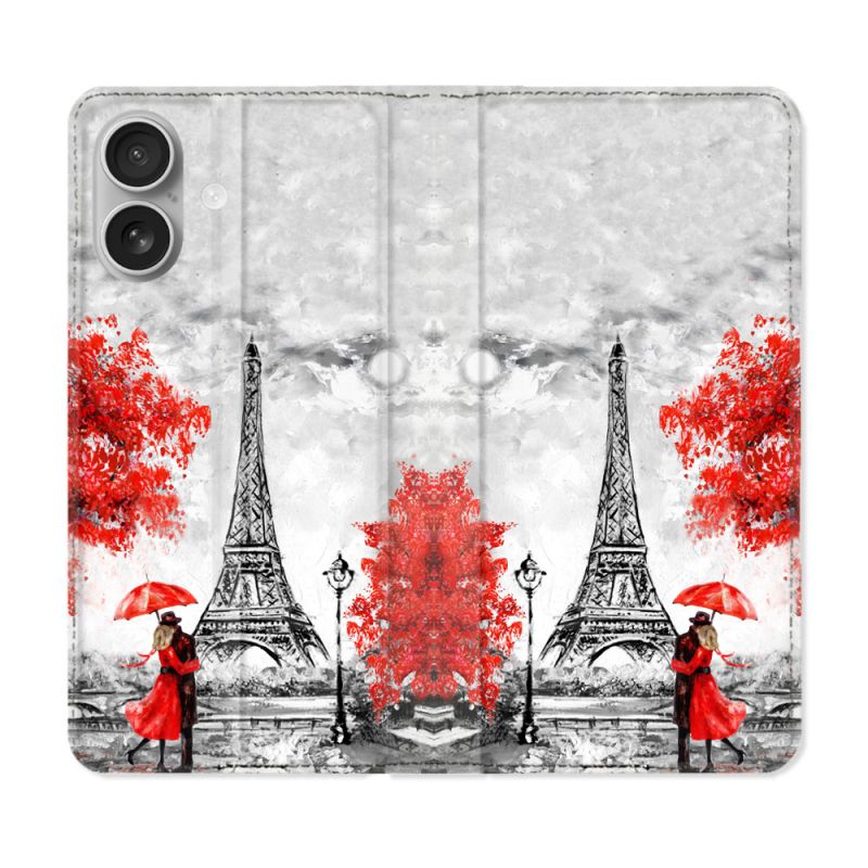 Housse Cuir Portefeuille Pour Iphone 16 Voyage France Paris Rouge