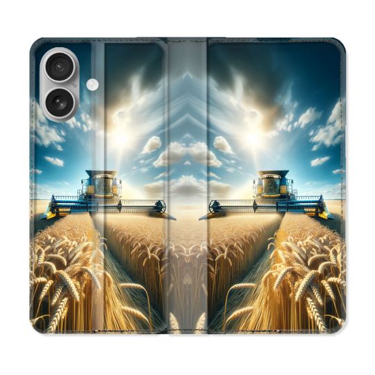 Housse Cuir Portefeuille Pour Iphone 16 Plus Agriculture Moissonneuse Blé