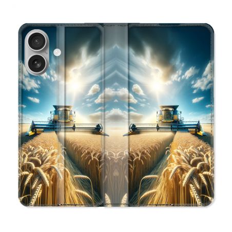 Housse Cuir Portefeuille Pour Iphone 16 Plus Agriculture Moissonneuse Blé