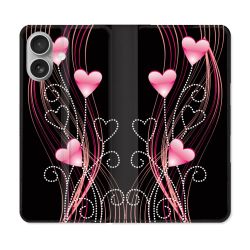 Housse Cuir Portefeuille Pour Iphone 16 Plus Amour Coeur Rose Montant sur Noir
