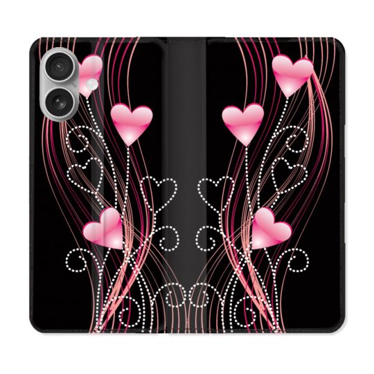 Housse Cuir Portefeuille Pour Iphone 16 Plus Amour Coeur Rose Montant sur Noir