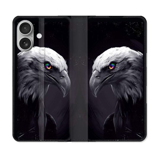 Housse Cuir Portefeuille Pour Iphone 16 Plus Animal Aigle Royal Noir