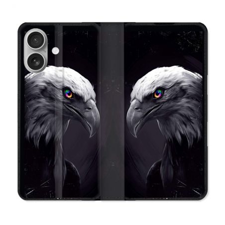 Housse Cuir Portefeuille Pour Iphone 16 Plus Animal Aigle Royal Noir