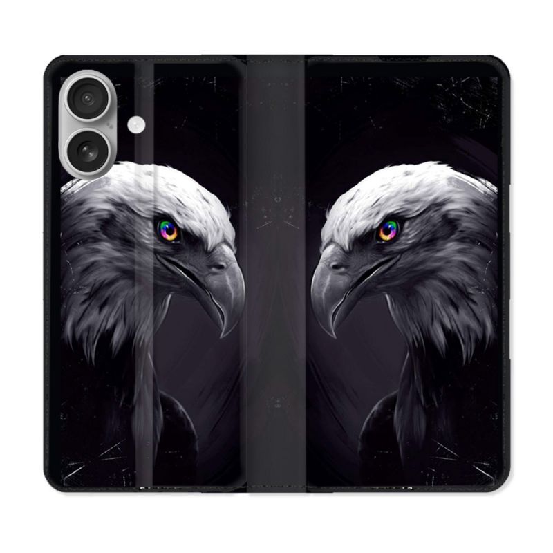 Housse Cuir Portefeuille Pour Iphone 16 Plus Animal Aigle Royal Noir