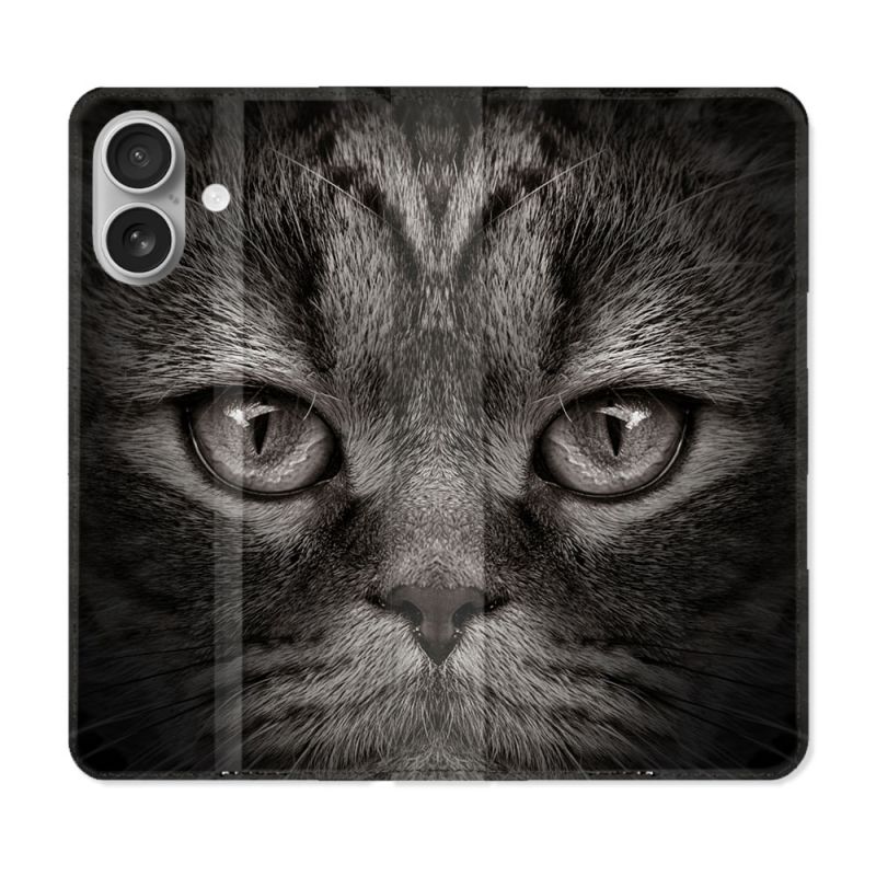 Housse Cuir Portefeuille Pour Iphone 16 Plus Animal Chat Gris