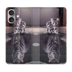 Housse Cuir Portefeuille Pour Iphone 16 Plus Animal Chat Reflet