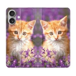 Housse Cuir Portefeuille Pour Iphone 16 Plus Animal Chat Violet