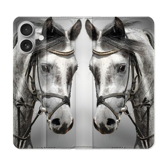 Housse Cuir Portefeuille Pour Iphone 16 Plus Animal Cheval Blanc