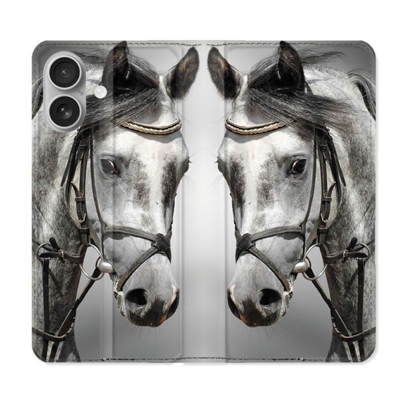 Housse Cuir Portefeuille Pour Iphone 16 Plus Animal Cheval Blanc