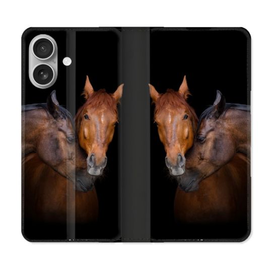 Housse Cuir Portefeuille Pour Iphone 16 Plus Animal Cheval Marron