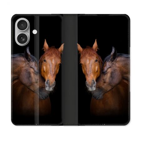 Housse Cuir Portefeuille Pour Iphone 16 Plus Animal Cheval Marron