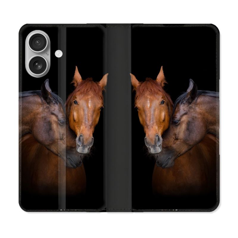 Housse Cuir Portefeuille Pour Iphone 16 Plus Animal Cheval Marron