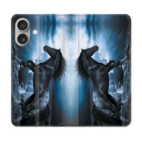 Housse Cuir Portefeuille Pour Iphone 16 Plus Animal Cheval Noir