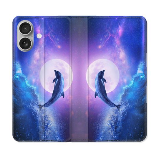 Housse Cuir Portefeuille Pour Iphone 16 Plus Animal Dauphin Vague