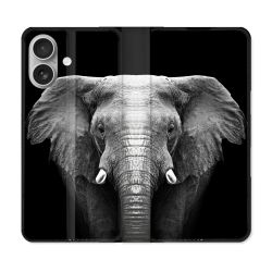 Housse Cuir Portefeuille Pour Iphone 16 Plus Animal Elephant Noir
