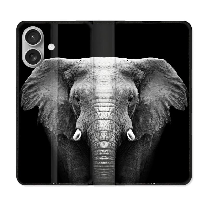 Housse Cuir Portefeuille Pour Iphone 16 Plus Animal Elephant Noir
