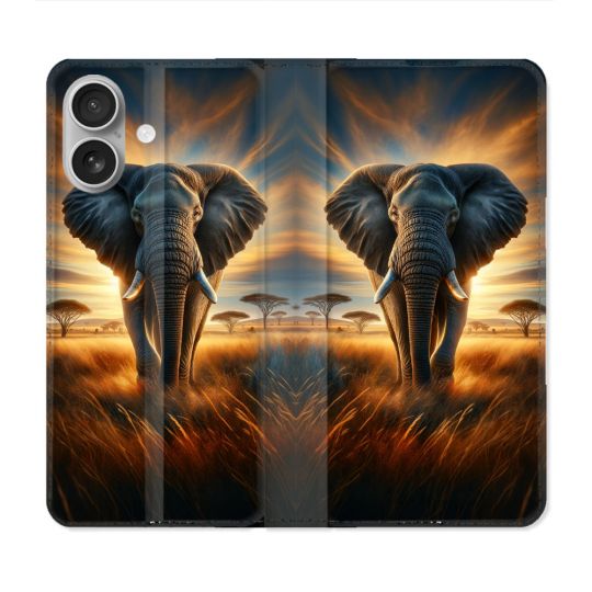 Housse Cuir Portefeuille Pour Iphone 16 Plus Animal Elephant Savane