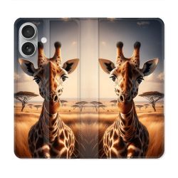 Housse Cuir Portefeuille Pour Iphone 16 Plus Animal Girafe Savane