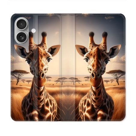 Housse Cuir Portefeuille Pour Iphone 16 Plus Animal Girafe Savane