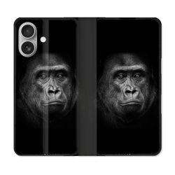 Housse Cuir Portefeuille Pour Iphone 16 Plus Animal Gorille Noir