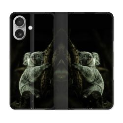 Housse Cuir Portefeuille Pour Iphone 16 Plus Animal Koala Noir