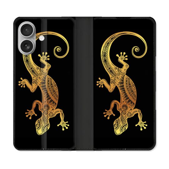 Housse Cuir Portefeuille Pour Iphone 16 Plus Animal Lezard Noir