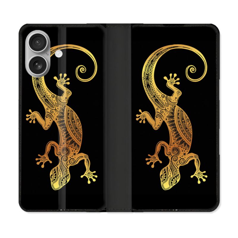 Housse Cuir Portefeuille Pour Iphone 16 Plus Animal Lezard Noir