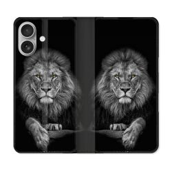 Housse Cuir Portefeuille Pour Iphone 16 Plus Animal Lion Majestueux