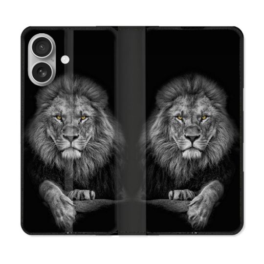 Housse Cuir Portefeuille Pour Iphone 16 Plus Animal Lion Majestueux