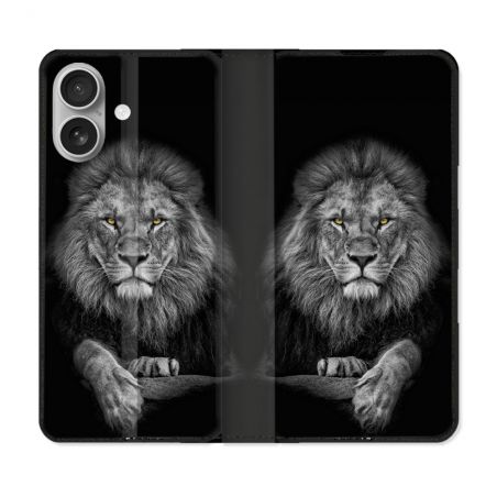 Housse Cuir Portefeuille Pour Iphone 16 Plus Animal Lion Majestueux