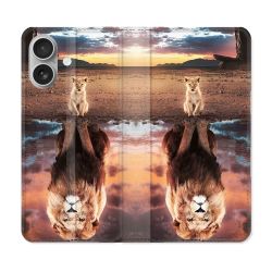 Housse Cuir Portefeuille Pour Iphone 16 Plus Animal Lion Reflet
