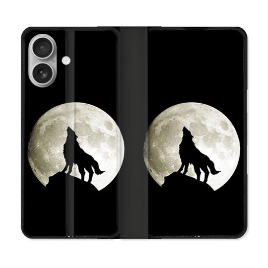 Housse Cuir Portefeuille Pour Iphone 16 Plus Animal Loup Noir