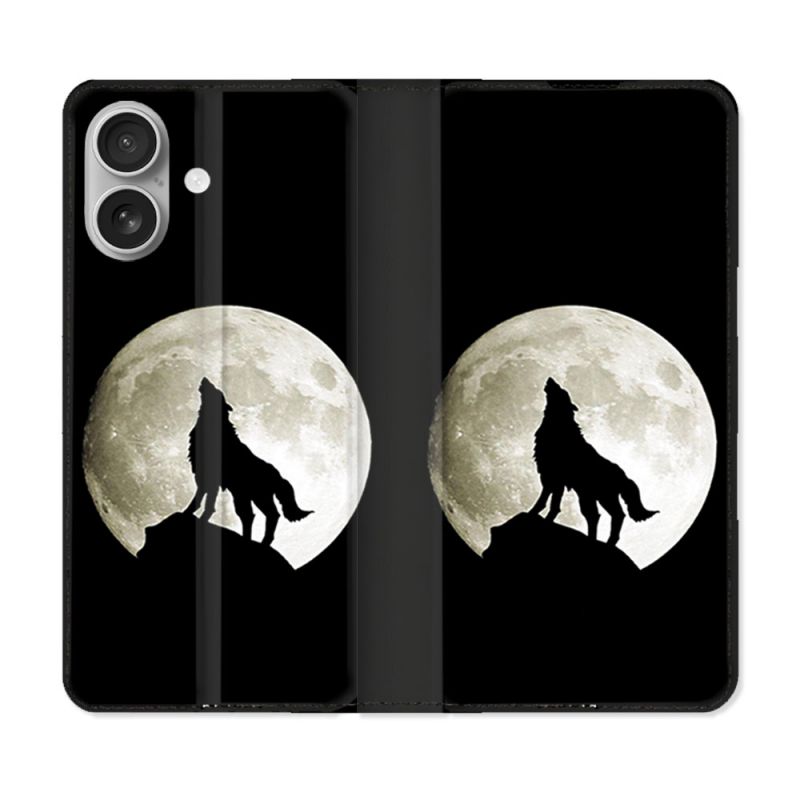 Housse Cuir Portefeuille Pour Iphone 16 Plus Animal Loup Noir