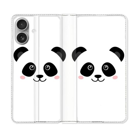 Housse Cuir Portefeuille Pour Iphone 16 Plus Animal Panda Blanc