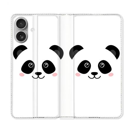 Housse Cuir Portefeuille Pour Iphone 16 Plus Animal Panda Blanc