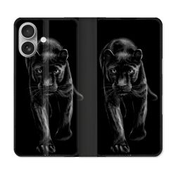 Housse Cuir Portefeuille Pour Iphone 16 Plus Animal Panthère Noire