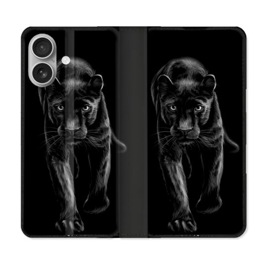 Housse Cuir Portefeuille Pour Iphone 16 Plus Animal Panthère Noire