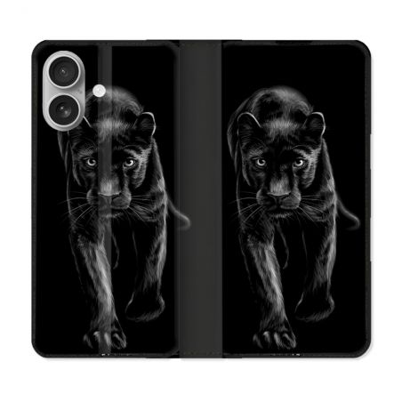Housse Cuir Portefeuille Pour Iphone 16 Plus Animal Panthère Noire