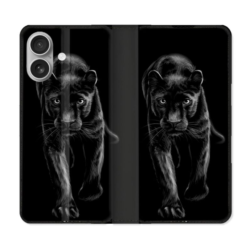 Housse Cuir Portefeuille Pour Iphone 16 Plus Animal Panthère Noire