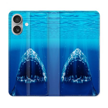 Housse Cuir Portefeuille Pour Iphone 16 Plus Animal Requin Dent
