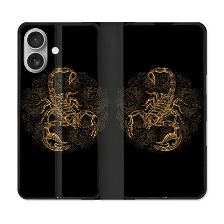 Housse Cuir Portefeuille Pour Iphone 16 Plus Animal Scorpion Fresque