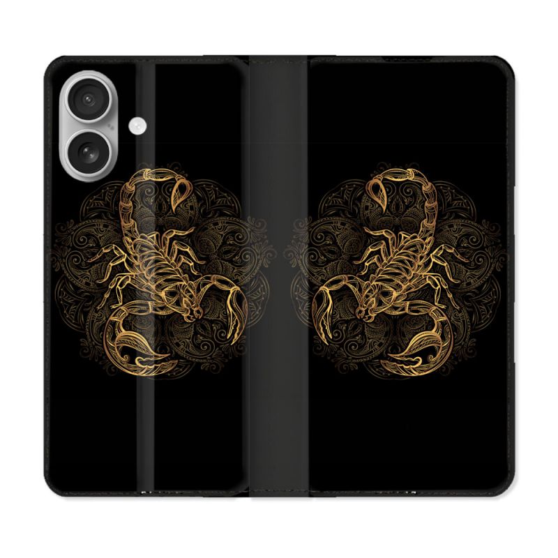 Housse Cuir Portefeuille Pour Iphone 16 Plus Animal Scorpion Fresque