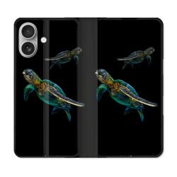 Housse Cuir Portefeuille Pour Iphone 16 Plus Animal Tortue Noire multicolore