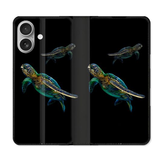 Housse Cuir Portefeuille Pour Iphone 16 Plus Animal Tortue Noire multicolore
