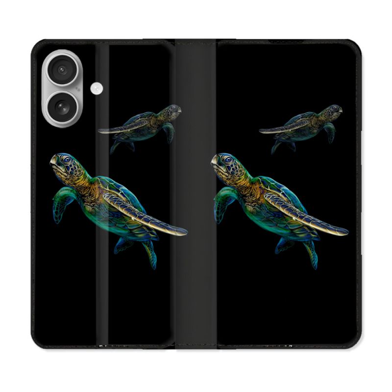 Housse Cuir Portefeuille Pour Iphone 16 Plus Animal Tortue Noire multicolore