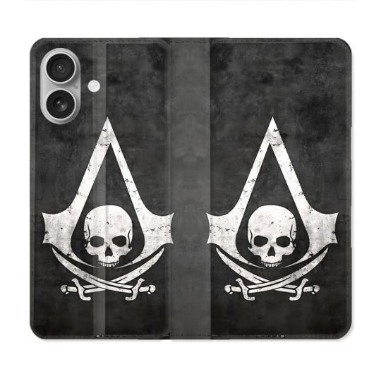 Housse Cuir Portefeuille Pour Iphone 16 Plus Assassin Creed Tete Mort