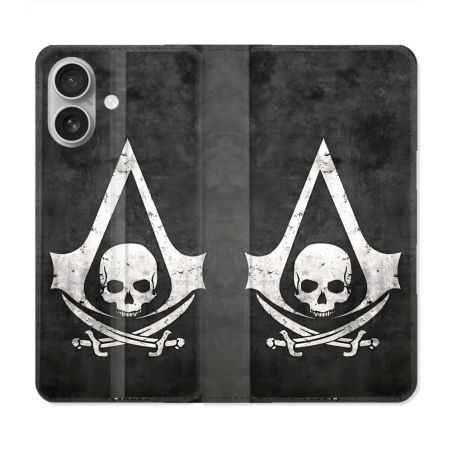 Housse Cuir Portefeuille Pour Iphone 16 Plus Assassin Creed Tete Mort