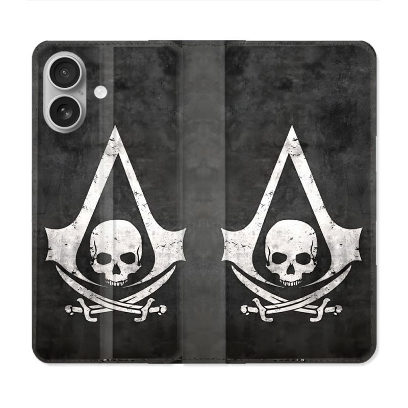 Housse Cuir Portefeuille Pour Iphone 16 Plus Assassin Creed Tete Mort