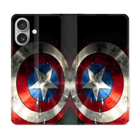 Housse Cuir Portefeuille Pour Iphone 16 Plus Captain America Bouclier